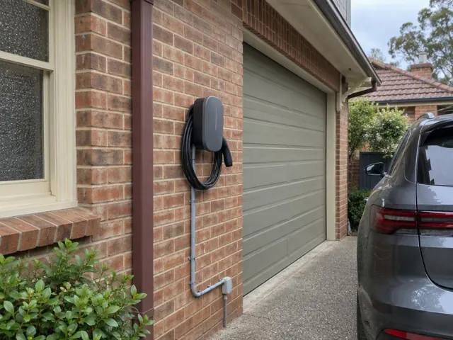 Wall-mounted EV charger on a brick garage wall beside a driveway and parked car in Wahroonga