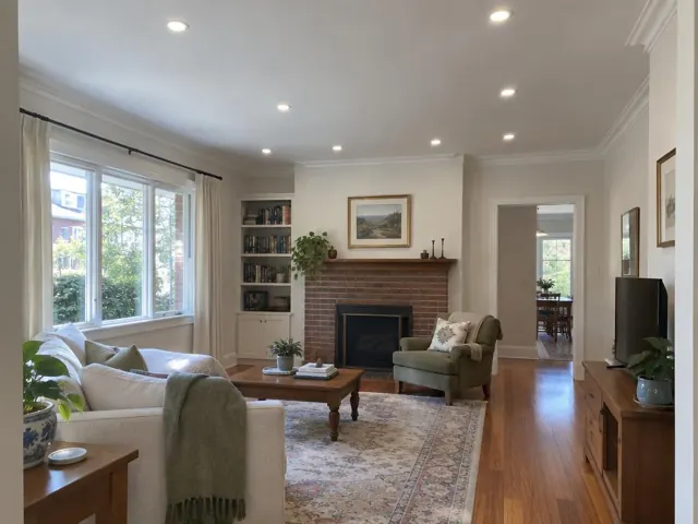 Living room with recessed ceiling downlights above a fireplace, sofa and timber floor in Wahroonga