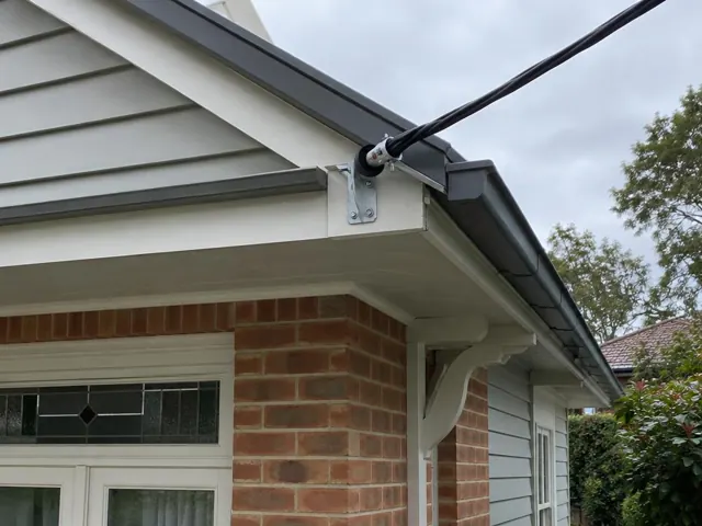 Overhead service cable and bracket mounted on a house eave above a brick wall in Turramurra